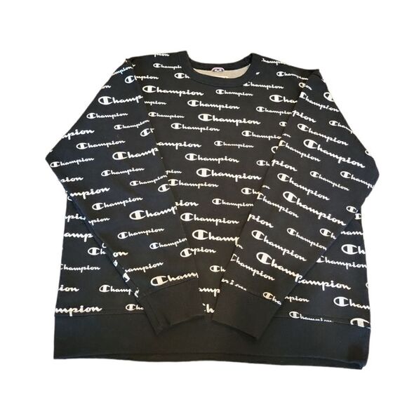 Champion Black White Men's Powerblend AOP Crewneck Logo Sweatshirt XL - Picture 3 of 13